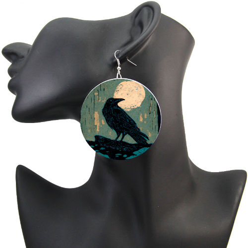 Moss Wood Moon Raven wood earrings | Witchy Boho Elegance Forestcore Empath Protection