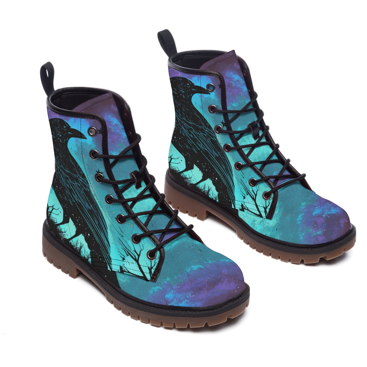 Galaxy Raven Boots | Cosmic Odin's Ravens in Purple & Aqua Guide Your Steps Spirit Animal Crow Shoes