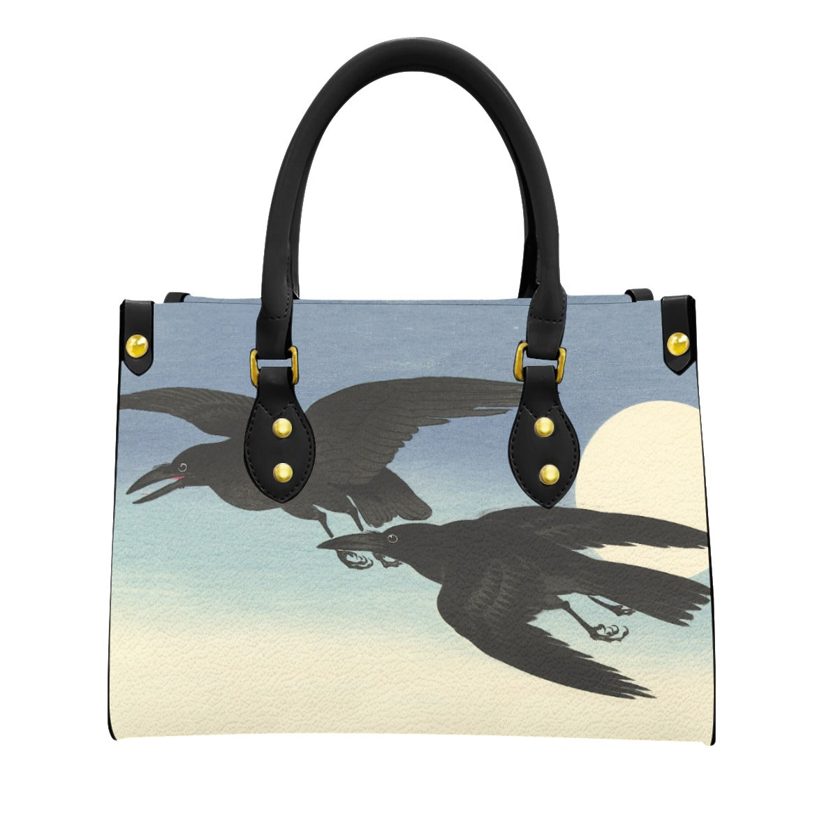 Flying Crows Handbag | The Ohara Koson Collection vintage Japanese woodblock artwork Purse blue corvid corvidcore crows dress with crows on it dresses with crows on them faux leather handbag Japanese kacho-ga matching minimalist Ohara Koson pleather pretty crows purse sky things with crows vegan vegan leather zen