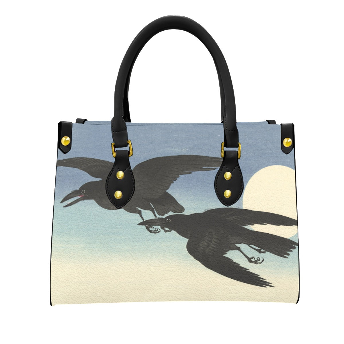 Flying Crows Handbag | The Ohara Koson Collection vintage Japanese woodblock artwork Purse blue corvid corvidcore crows dress with crows on it dresses with crows on them faux leather handbag Japanese kacho-ga matching minimalist Ohara Koson pleather pretty crows purse sky things with crows vegan vegan leather zen