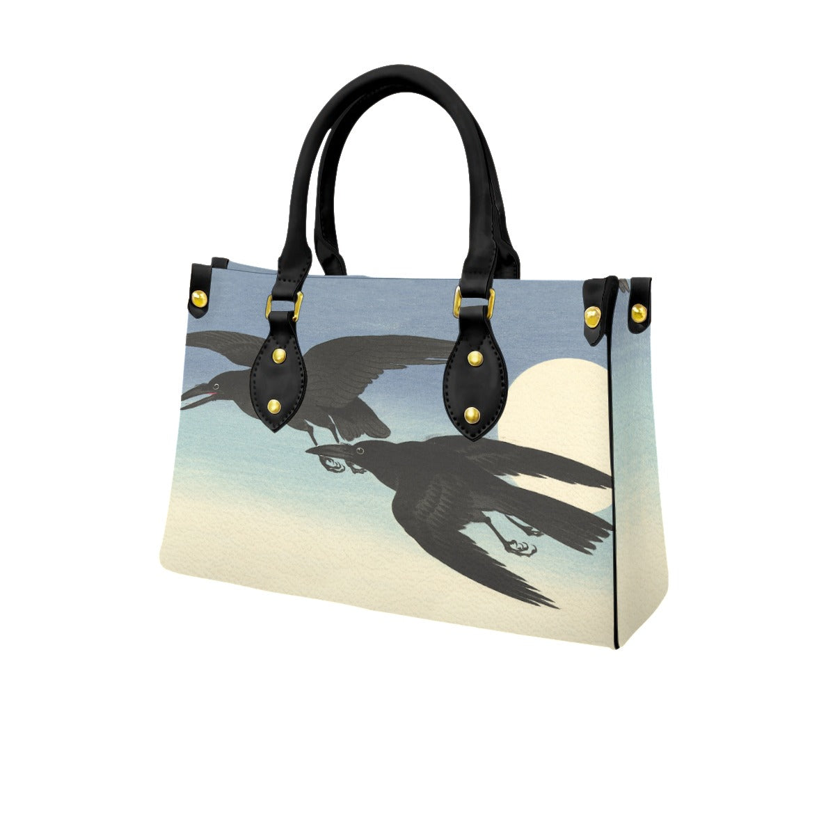 Flying Crows Handbag | The Ohara Koson Collection vintage Japanese woodblock artwork Purse blue corvid corvidcore crows dress with crows on it dresses with crows on them faux leather handbag Japanese kacho-ga matching minimalist Ohara Koson pleather pretty crows purse sky things with crows vegan vegan leather zen