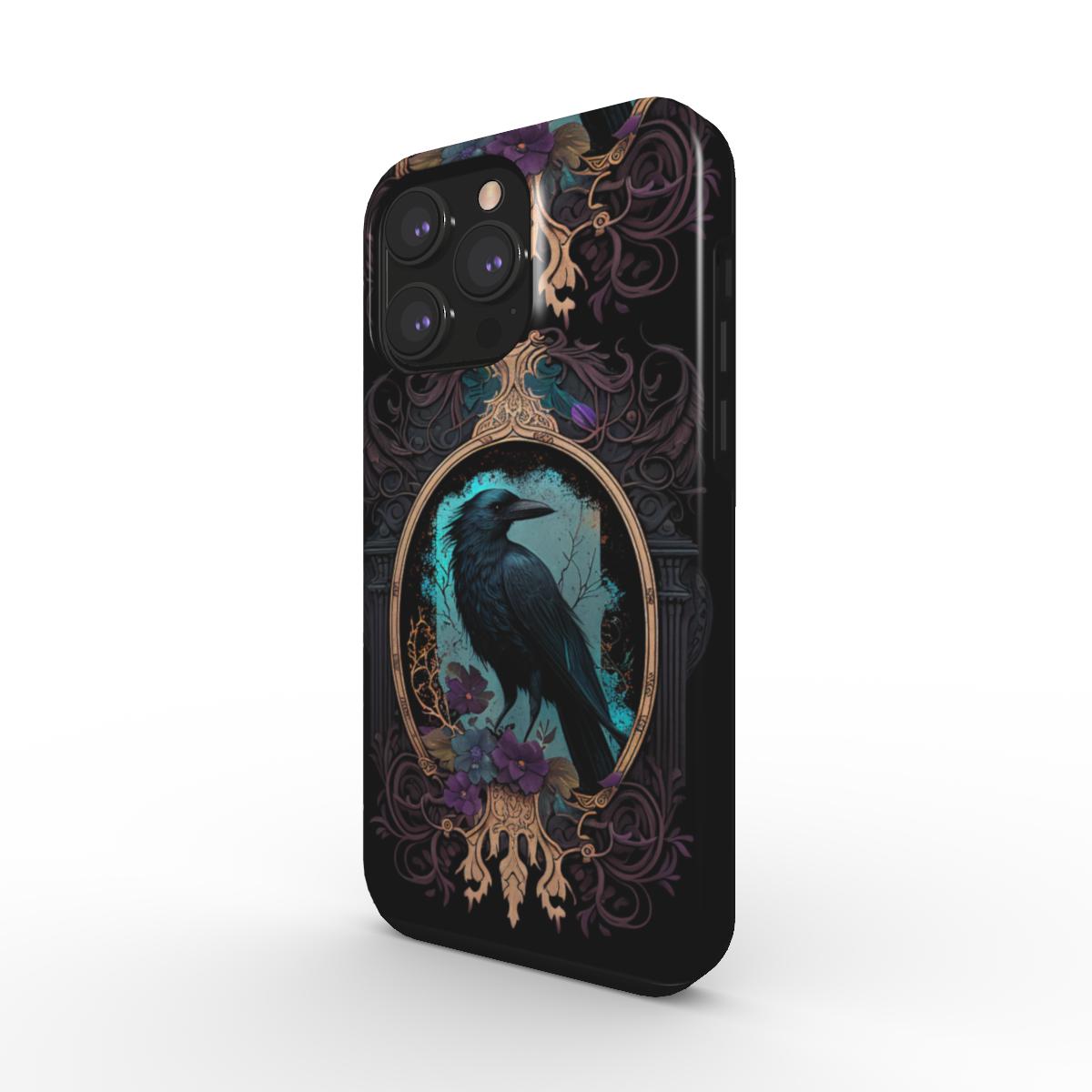 Blue Gothic Raven Tough iPhone Case MAGSAFE!! Glossy vivid protective crow cover brimming with mythic symbolism